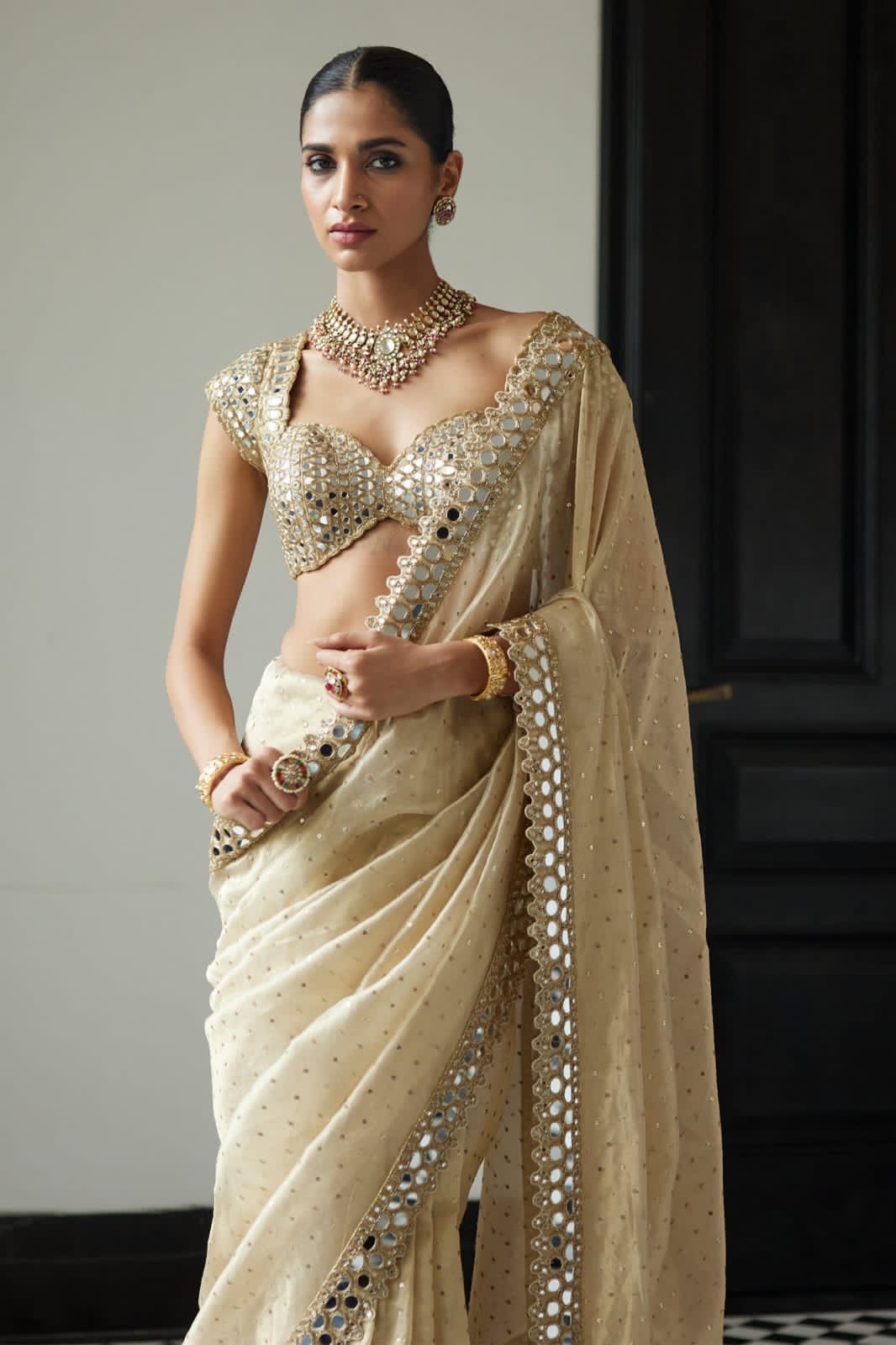 Organza Sequin & Real Mirror Saree with Ready Stitched Blouse | Party Wear Indian Saree | Designer Saree Set for Weddings & Festivals