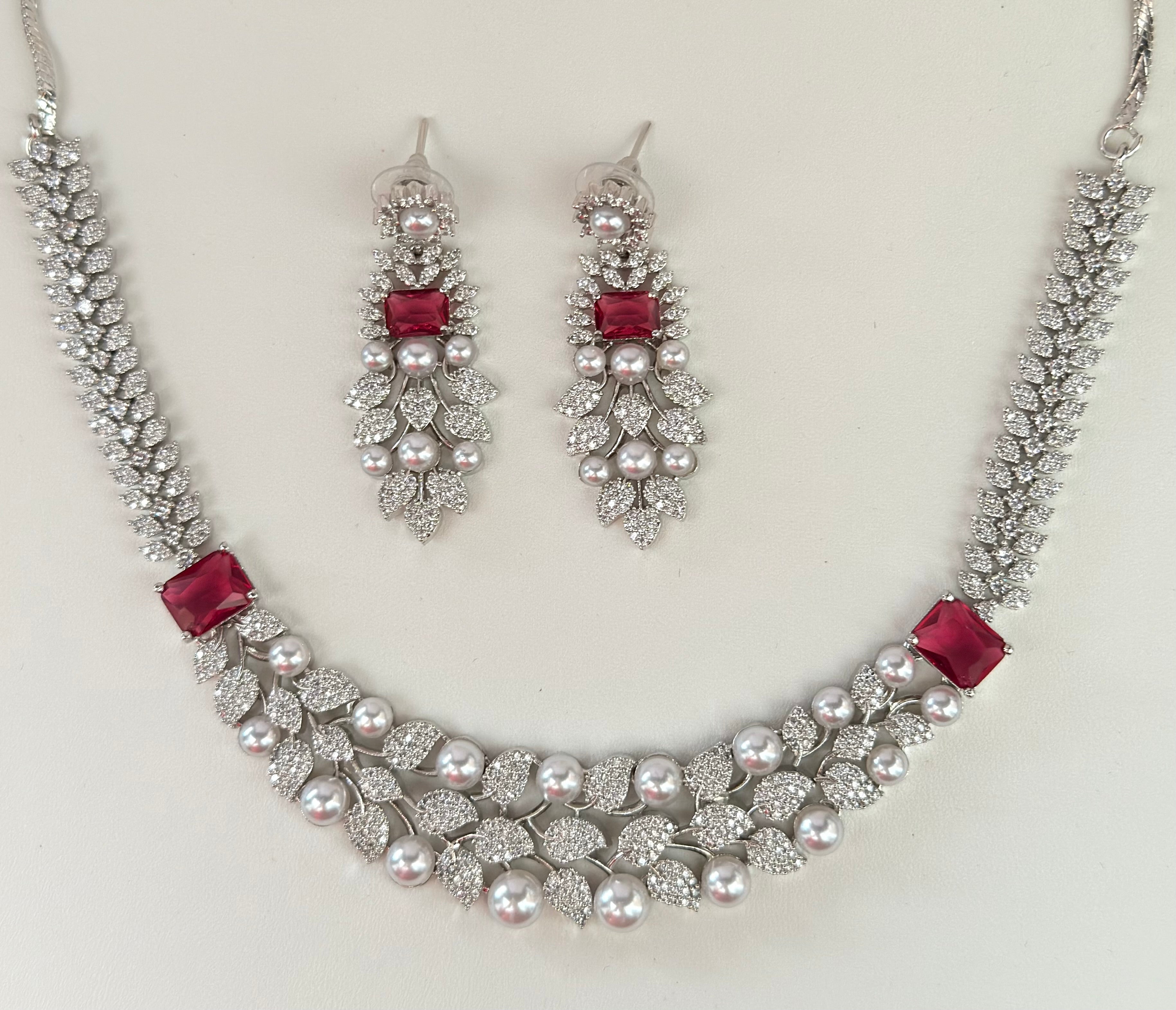 Silver and red / Ruby pearl Cubic zirconia necklace and earrings set