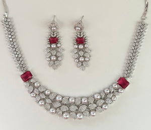 Silver and red / Ruby pearl Cubic zirconia necklace and earrings set