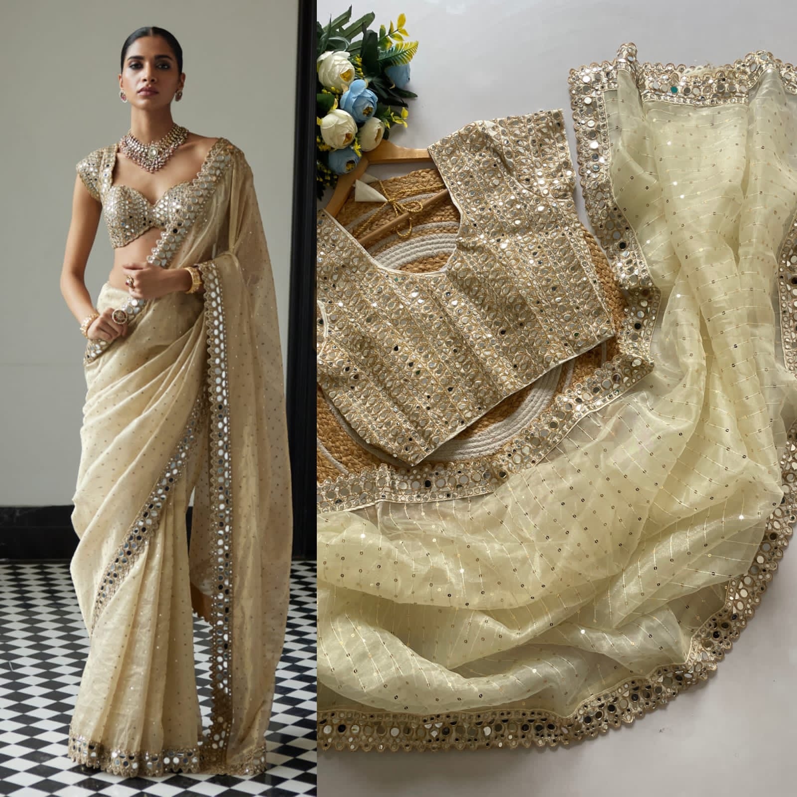 Organza Sequin & Real Mirror Saree with Ready Stitched Blouse | Party Wear Indian Saree | Designer Saree Set for Weddings & Festivals