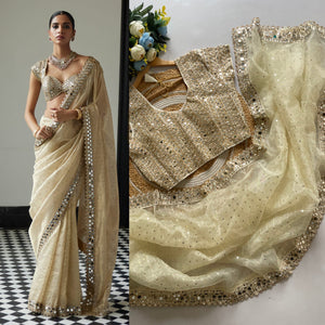 Organza Sequin & Real Mirror Saree with Ready Stitched Blouse | Party Wear Indian Saree | Designer Saree Set for Weddings & Festivals