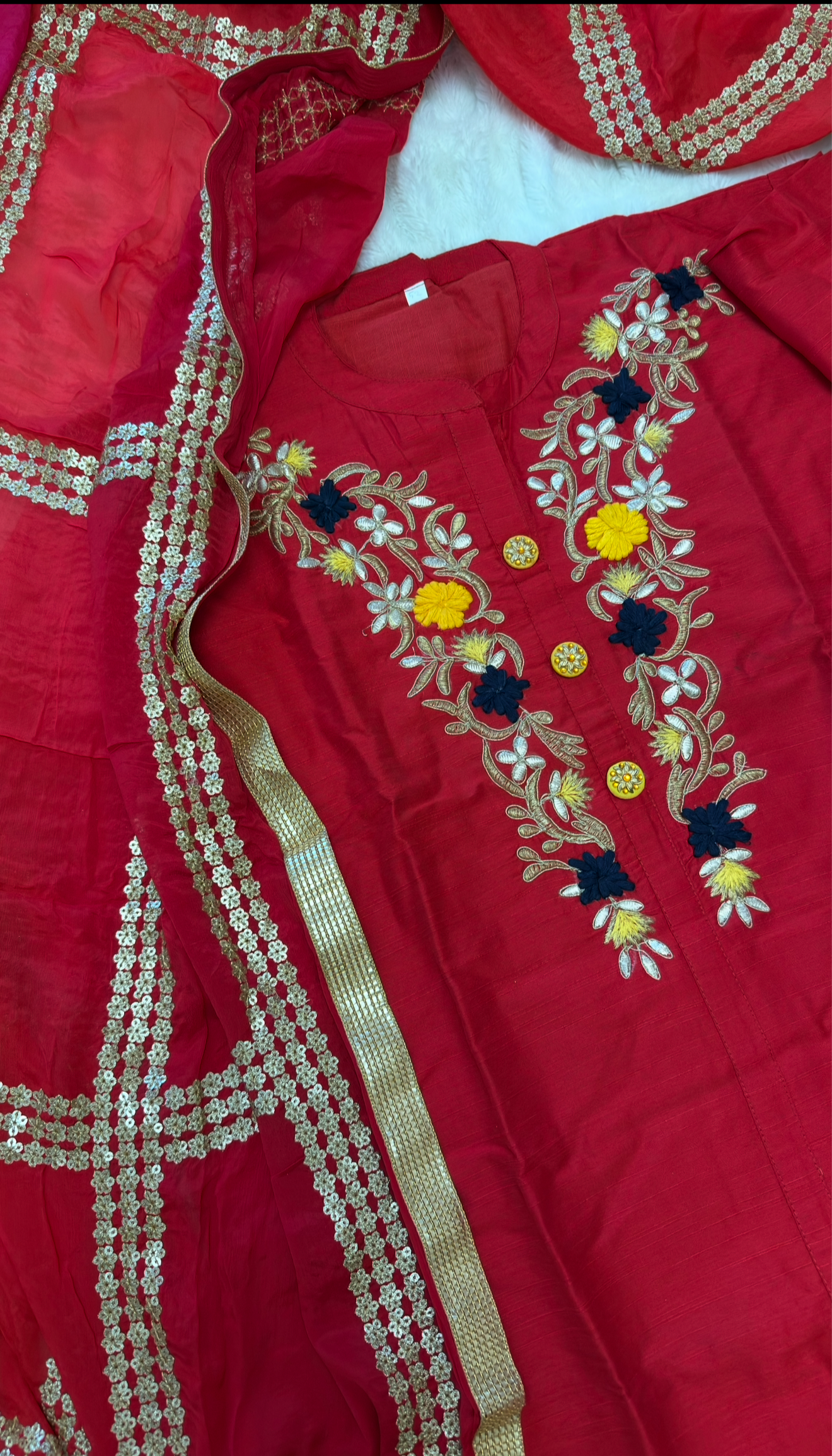 Elegant Plus Size Red Silk Kurta Set with Embroidered Neckline & Contrast Dupatta