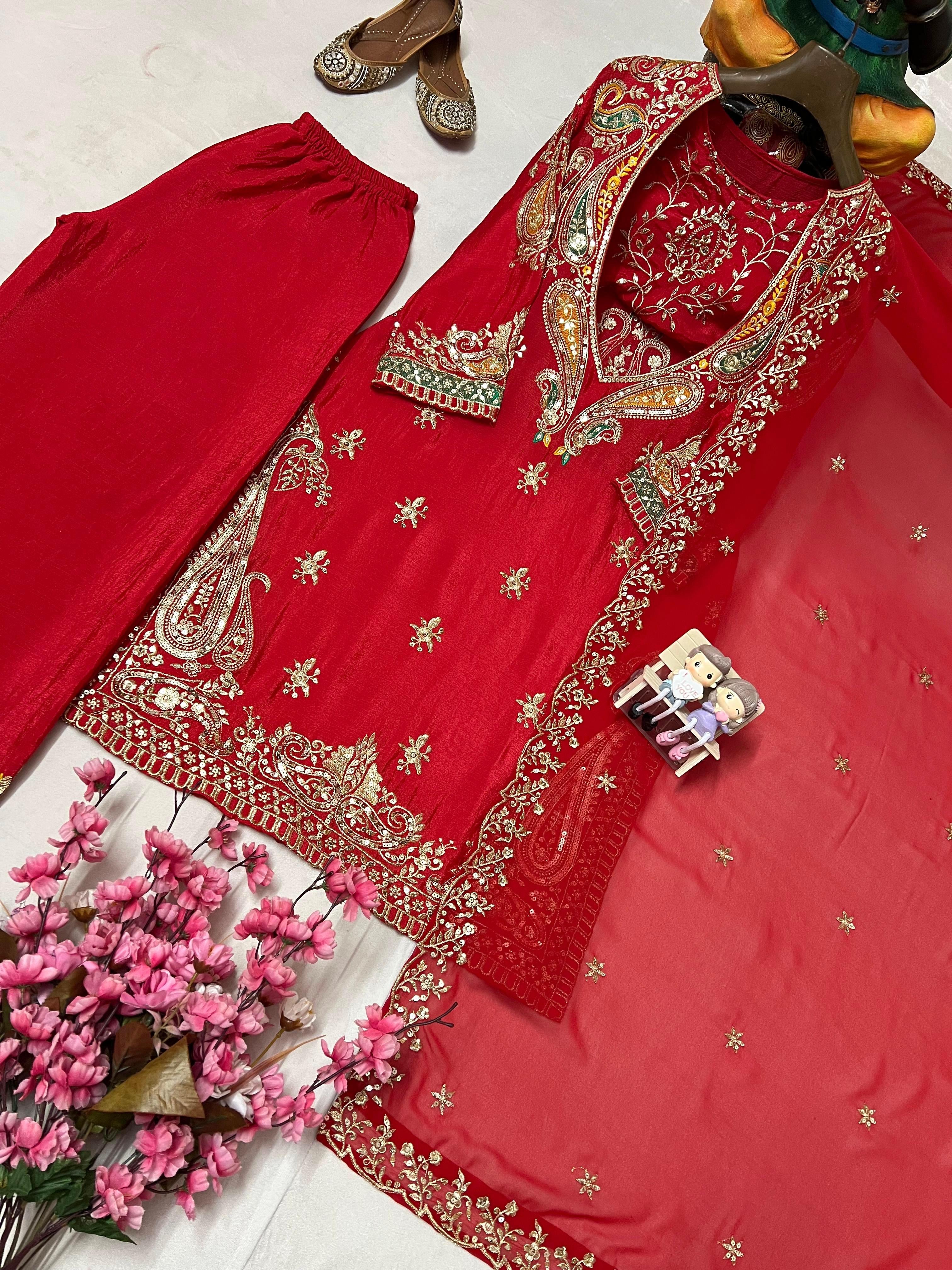 Red embroidered Partywear suit fully stitched
