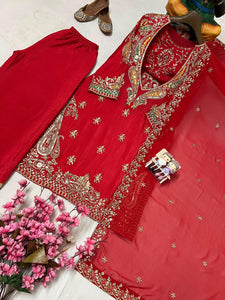 Red embroidered Partywear suit fully stitched