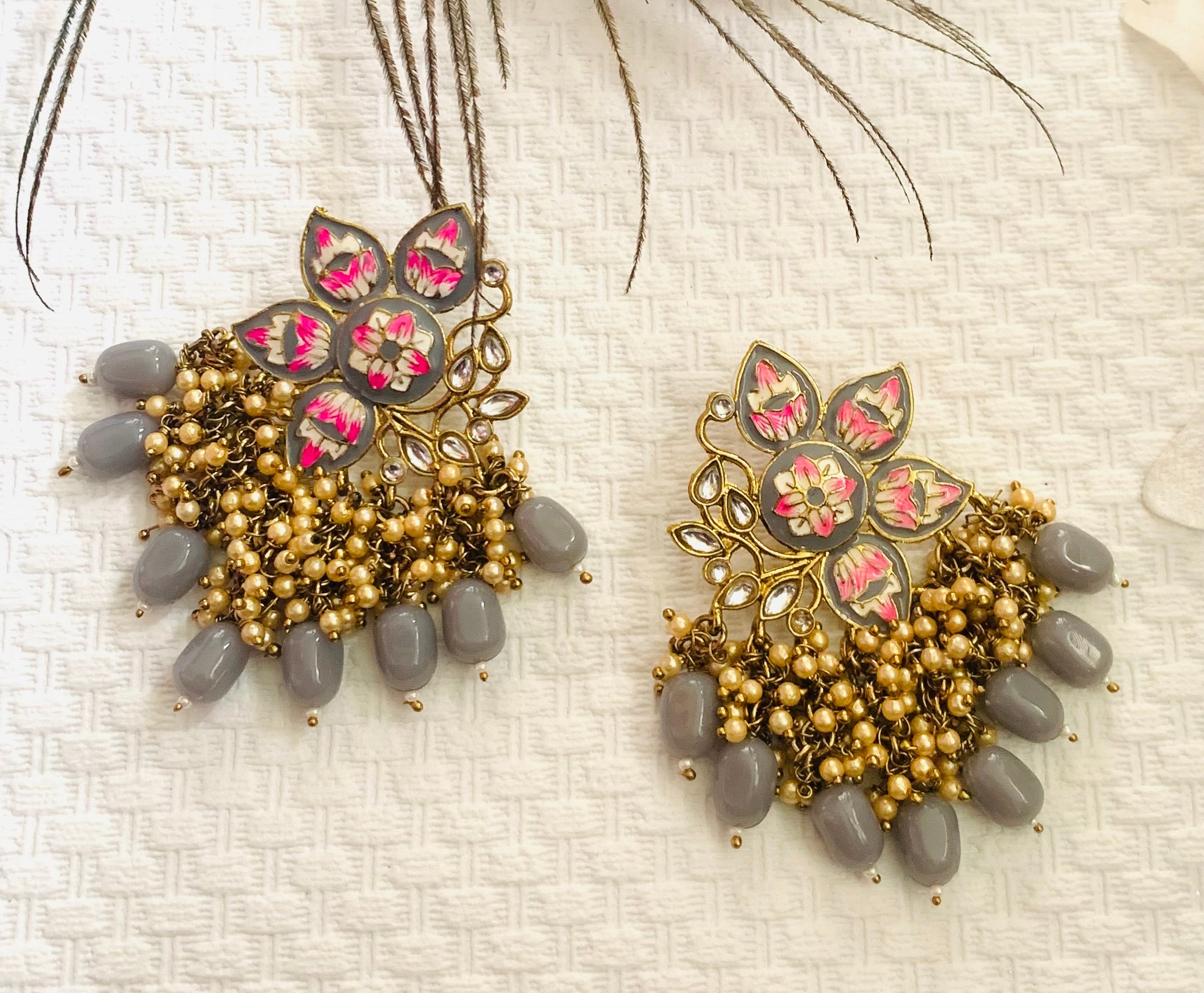 Grey and gold with pink Handpainted earrings