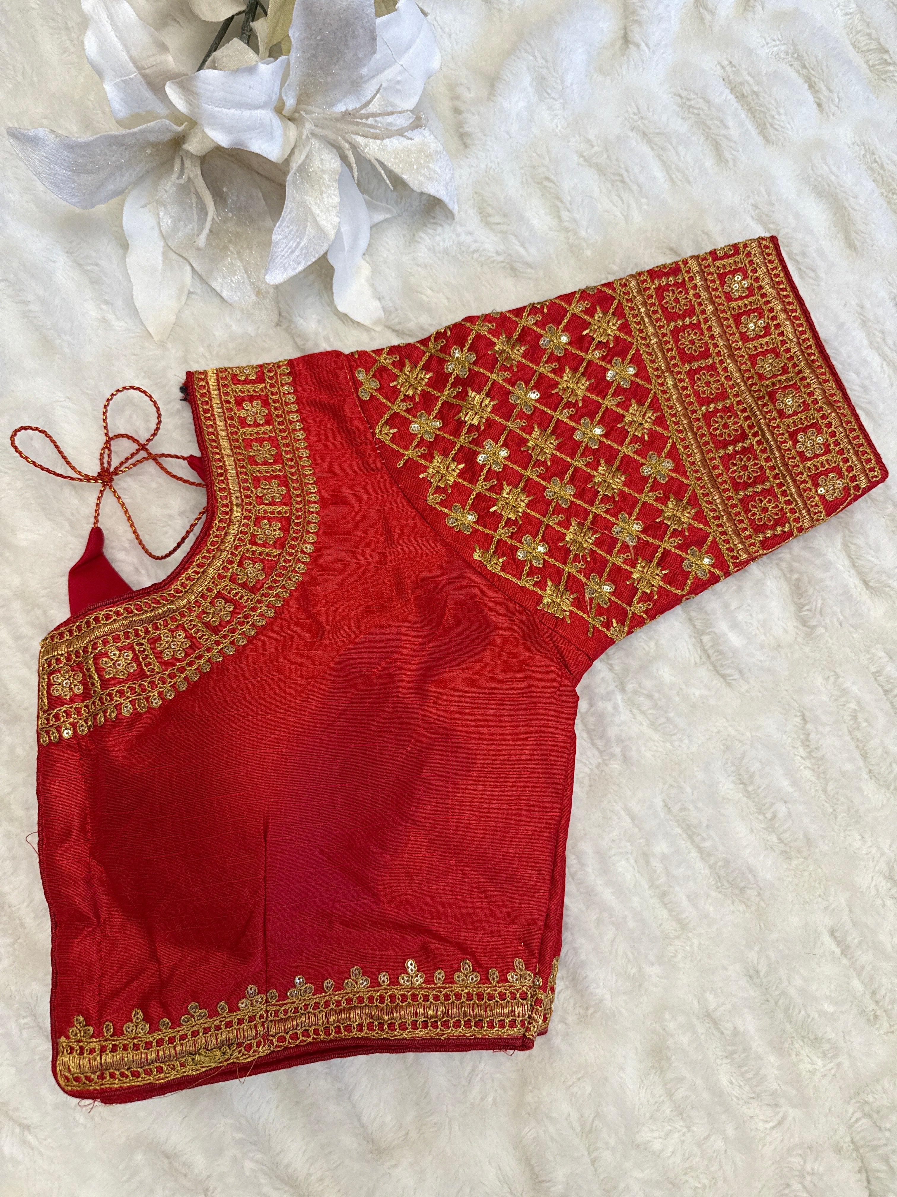 Red Silk Blouse with Gold Zari Embroidery – Ready to Wear