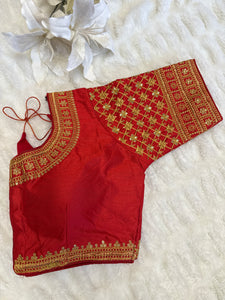 Red Silk Blouse with Gold Zari Embroidery – Ready to Wear