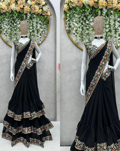 Black Ruffle Saree with Multicolour Embroidery | Faux Georgette with Unstitched Blouse