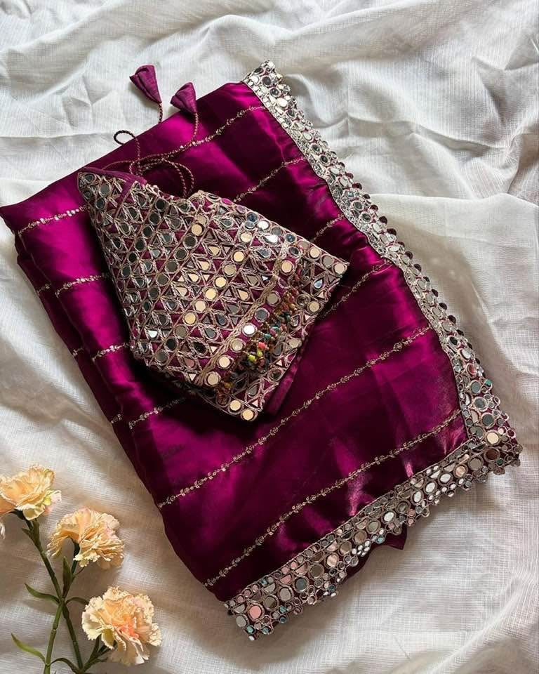 Designer  Mirror Work Saree with Heavy Embroidered Blouse | Party Wear & Wedding Saree