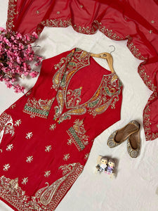 Red embroidered Partywear suit fully stitched