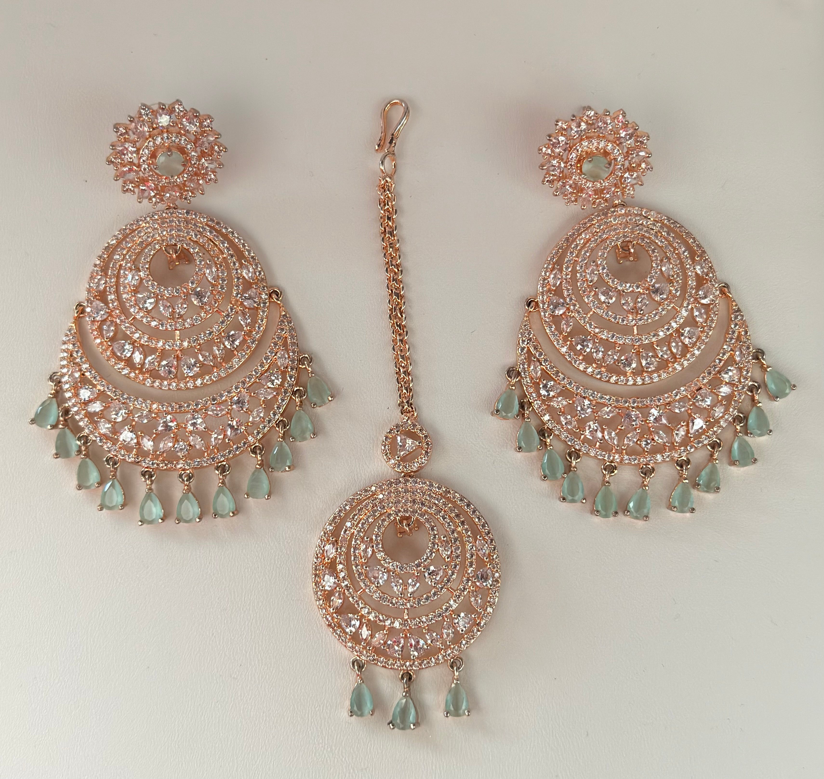Cubic Zirconia Chandbali Earrings with Maang Tikka | Rose Gold Bridal Jewellery Set | Indian Wedding Earrings | Party Wear CZ Jewelry