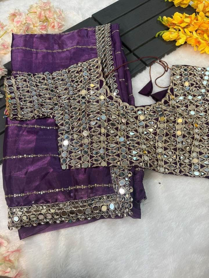 Designer  Mirror Work Saree with Heavy Embroidered Blouse | Party Wear & Wedding Saree