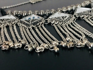 Antique Silver look Tribal Mirror Choker Necklace with Dangling Chains & Ghungroo Beads