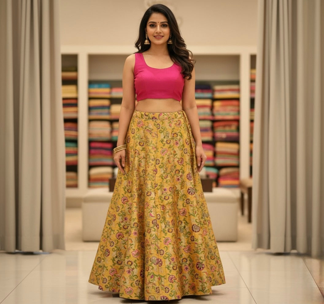 Yellow Banarasi Silk Skirt with Floral Brocade Weaving – Traditional Ethnic Wear