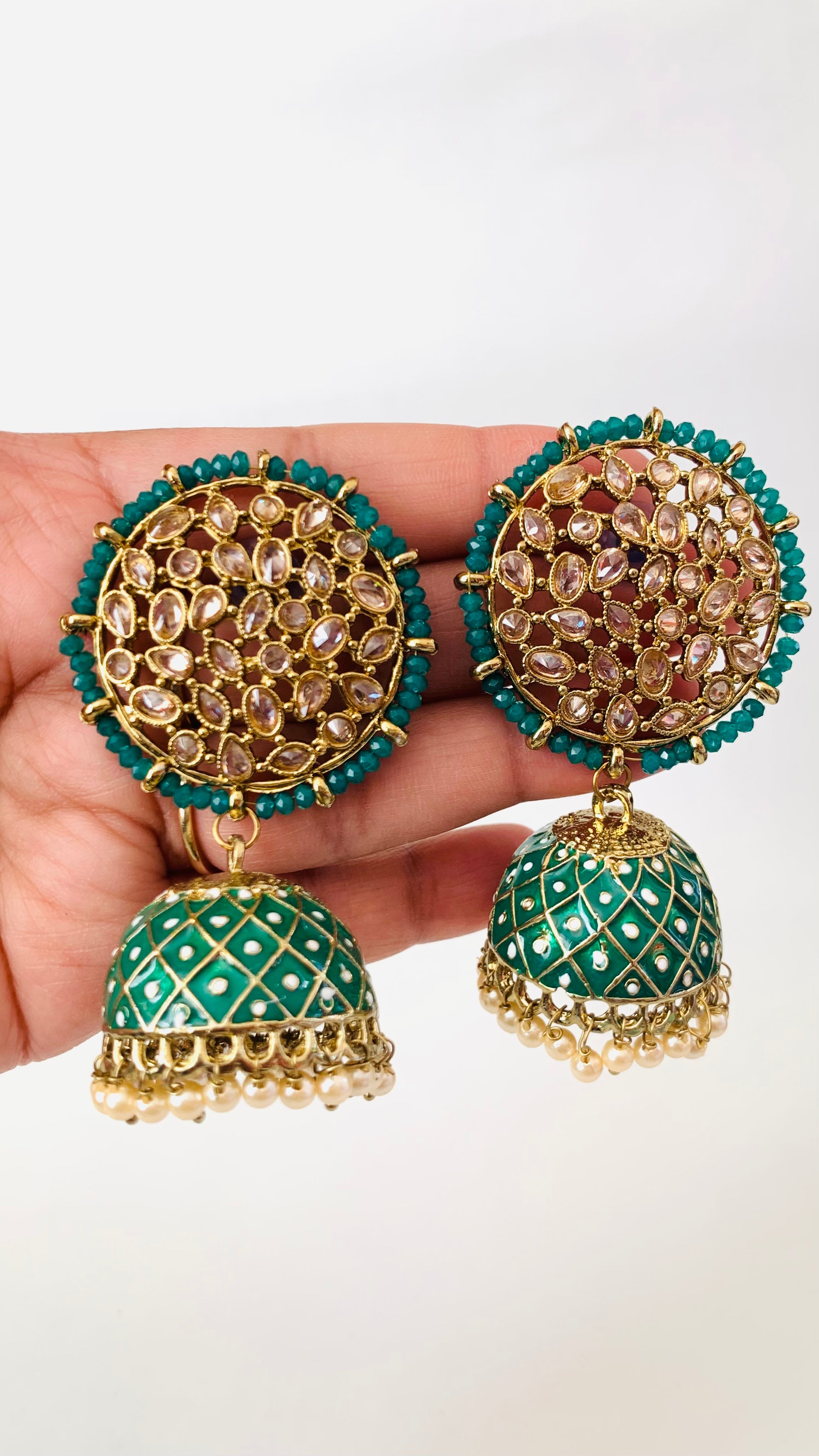 Green Polki Kundan Handpainted Meenakari Jhumka Earrings with Pearls | Traditional Ethnic Jewelry