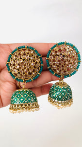 Green Polki Kundan Handpainted Meenakari Jhumka Earrings with Pearls | Traditional Ethnic Jewelry