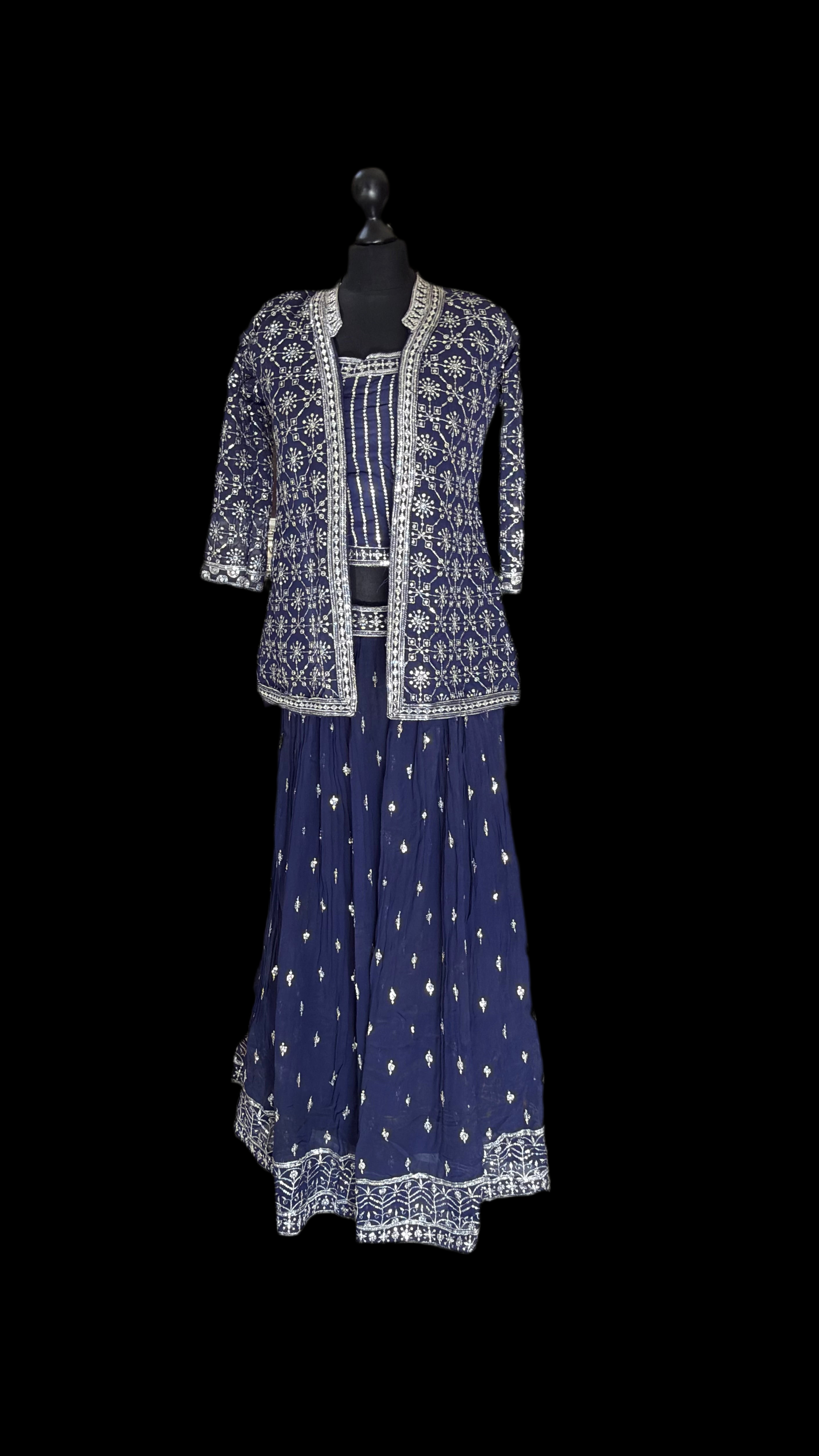 Navy Blue Georgette Embroidered Lehenga Set with Mirror and Thread Work Jacket – Festive & Wedding Wear