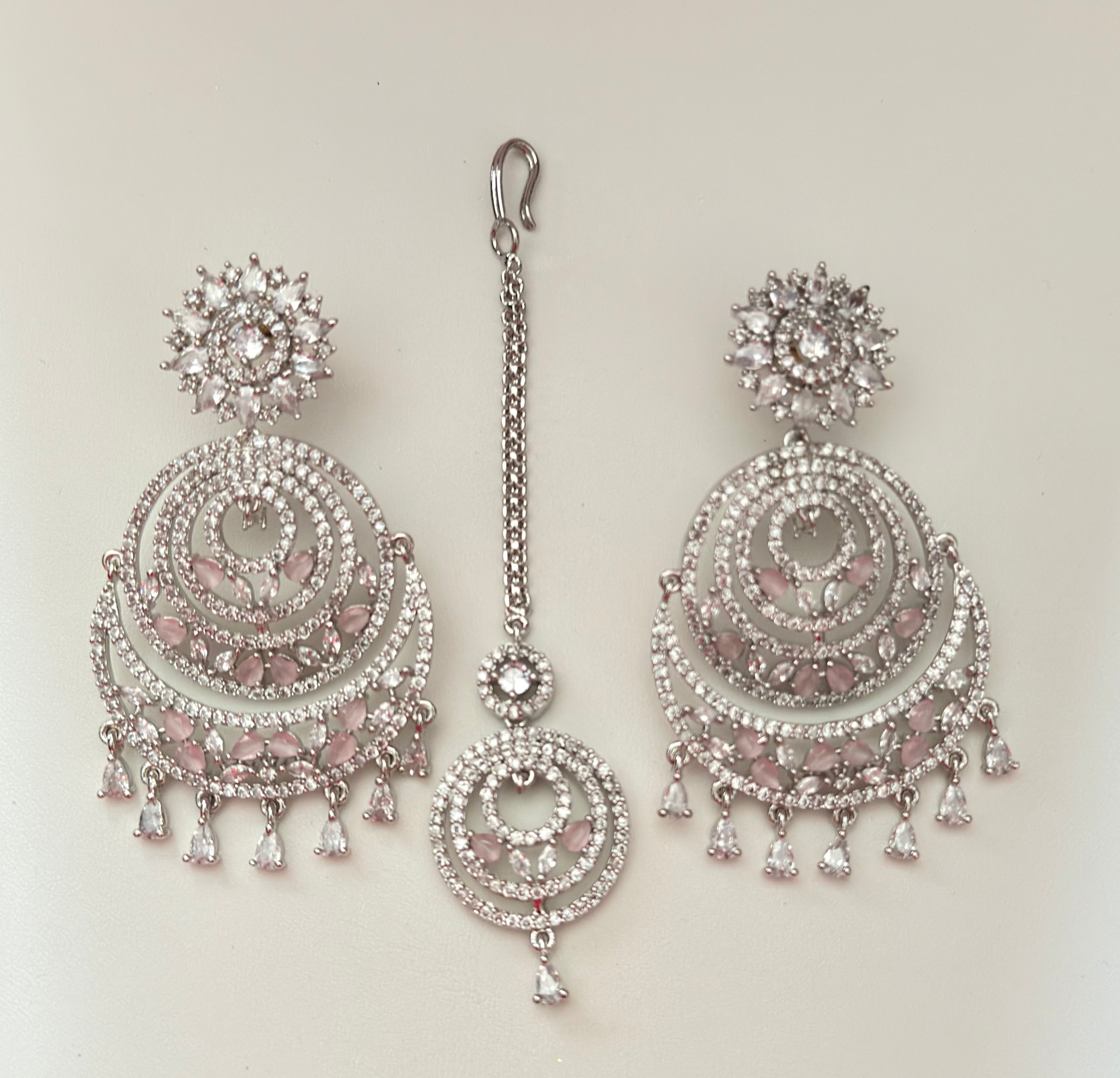 Cubic Zirconia Chandbali Earrings with Maang Tikka | Rose Gold Bridal Jewellery Set | Indian Wedding Earrings | Party Wear CZ Jewelry