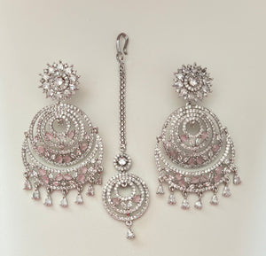 Cubic Zirconia Chandbali Earrings with Maang Tikka | Rose Gold Bridal Jewellery Set | Indian Wedding Earrings | Party Wear CZ Jewelry