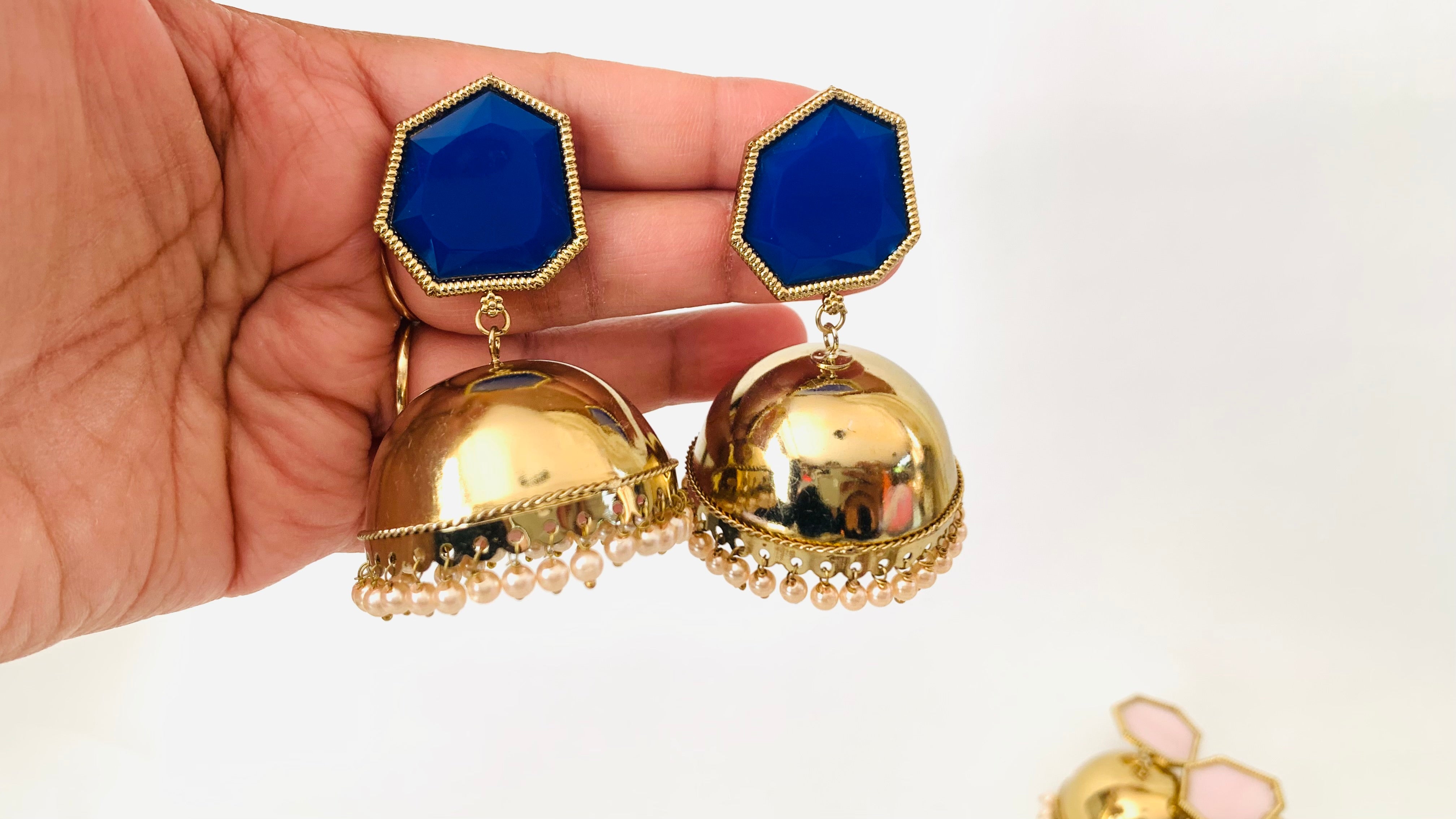 Gold Metal Dome Blue Jhumka Earrings with Pearls | Traditional Ethnic Jewelry