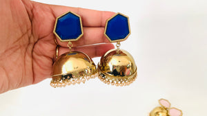 Gold Metal Dome Blue Jhumka Earrings with Pearls | Traditional Ethnic Jewelry