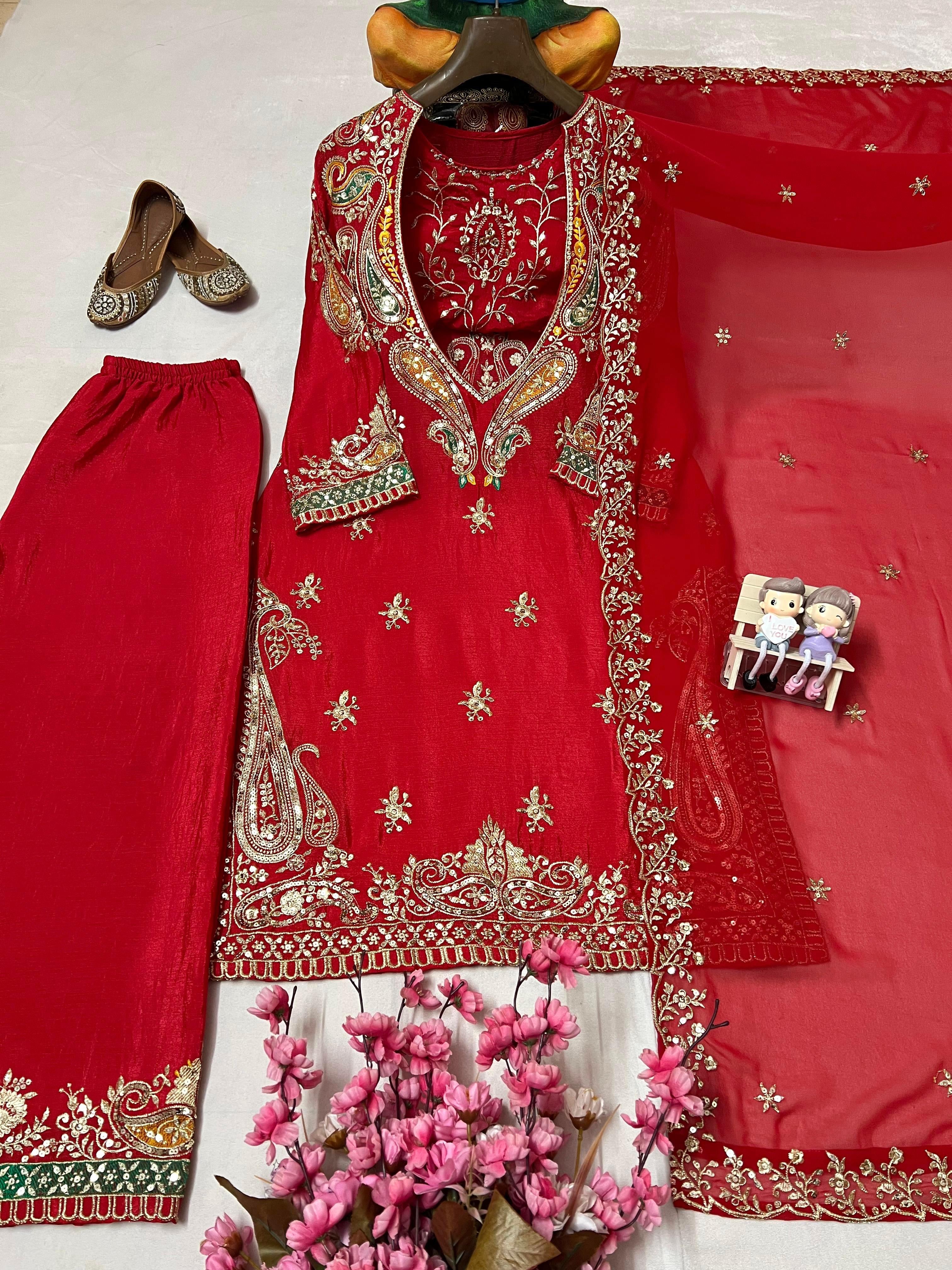Red embroidered Partywear suit fully stitched