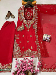 Red embroidered Partywear suit fully stitched