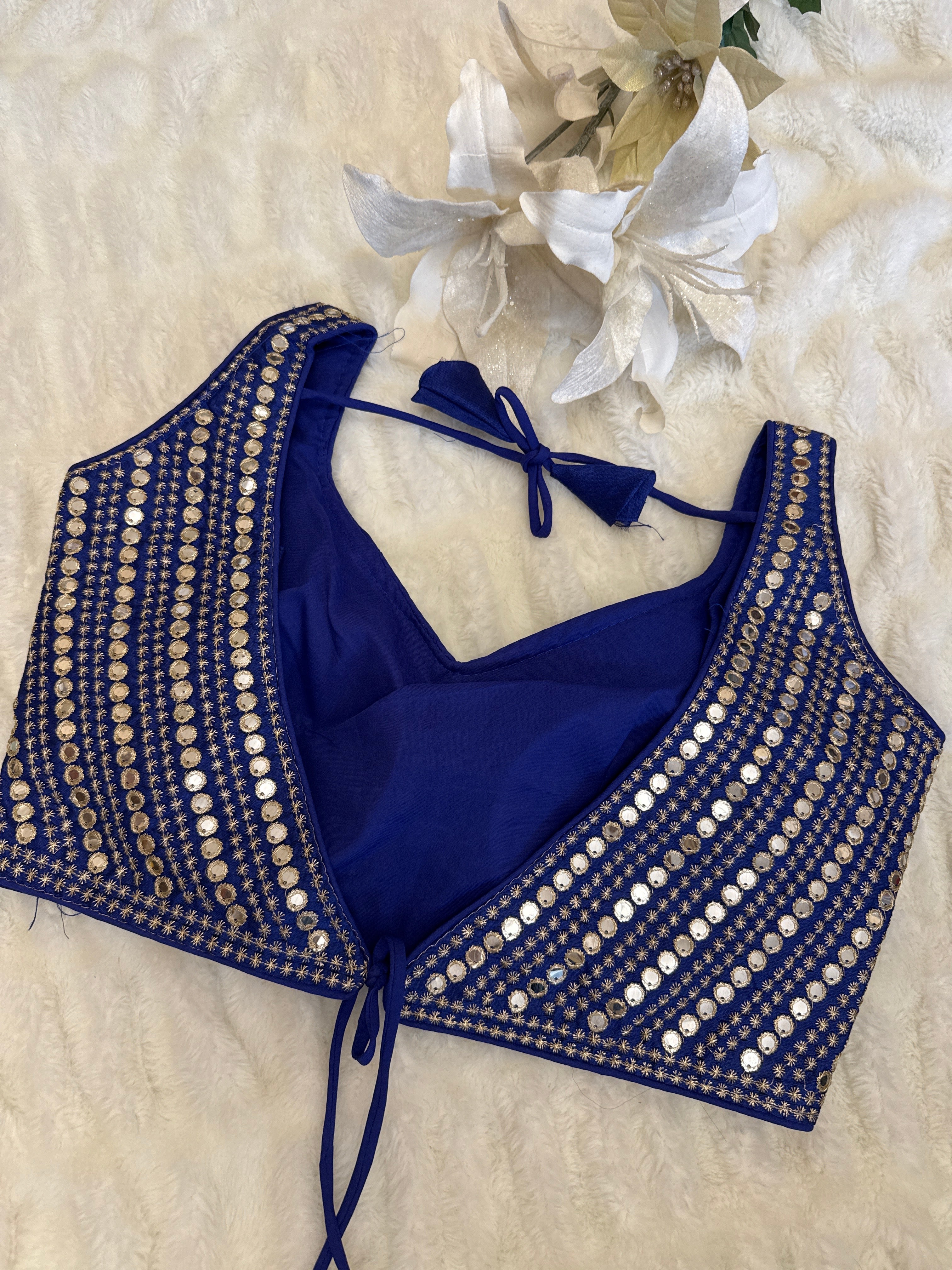 Blue faux Mirror & Thread Embroidered Readymade Saree Blouse