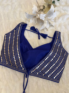 Blue faux Mirror & Thread Embroidered Readymade Saree Blouse