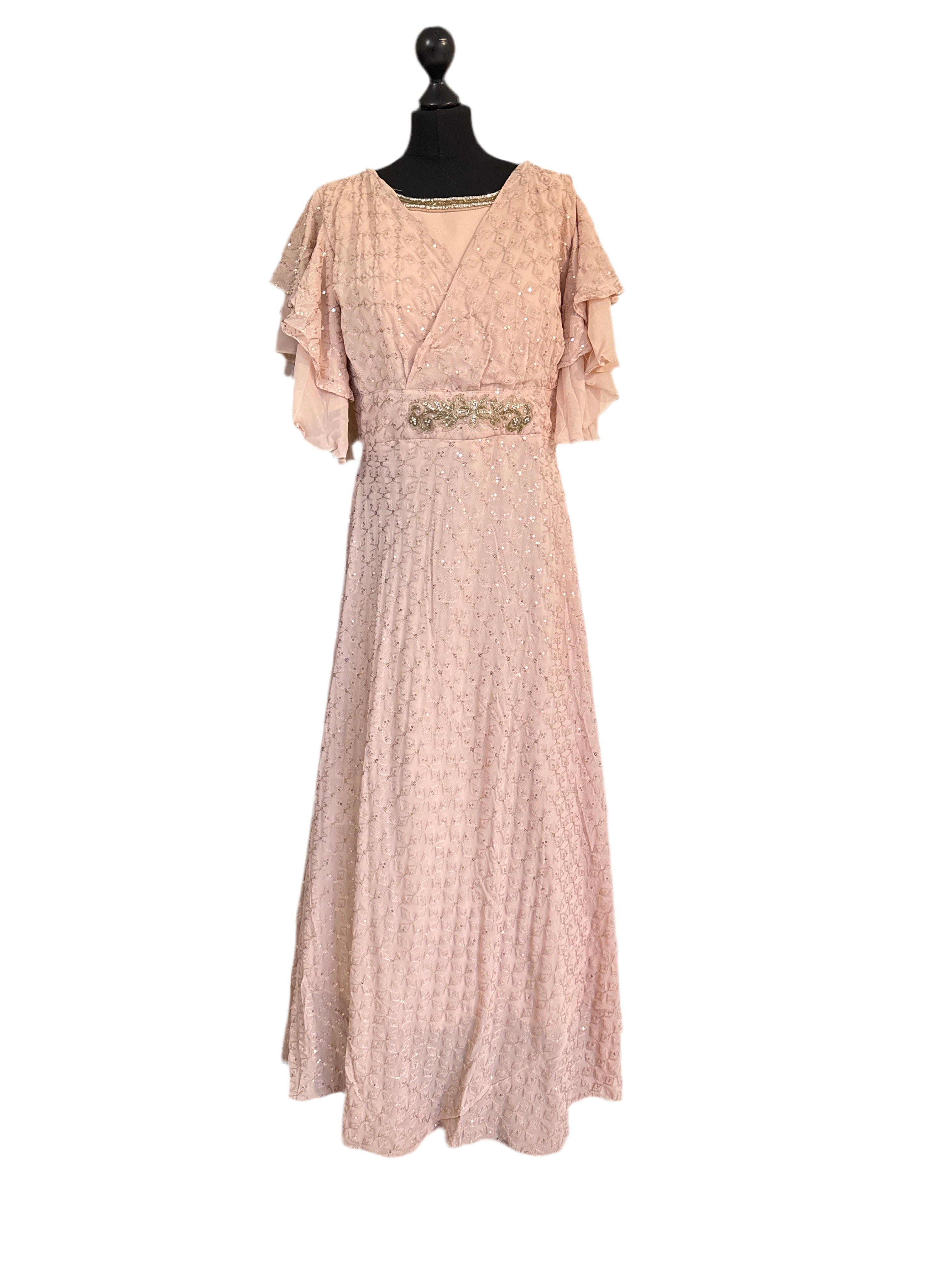 Elegant Dusty Pink Sequin Gown | Partywear Long Dress with Ruffle Sleeves & Embellished Waist