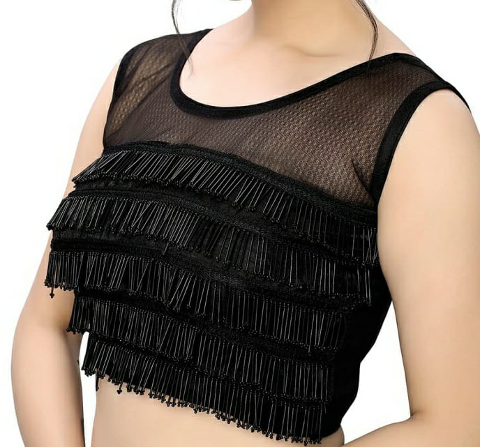 Black Designer Crop Top with Fringe Detailing | Partywear Blouse for Women