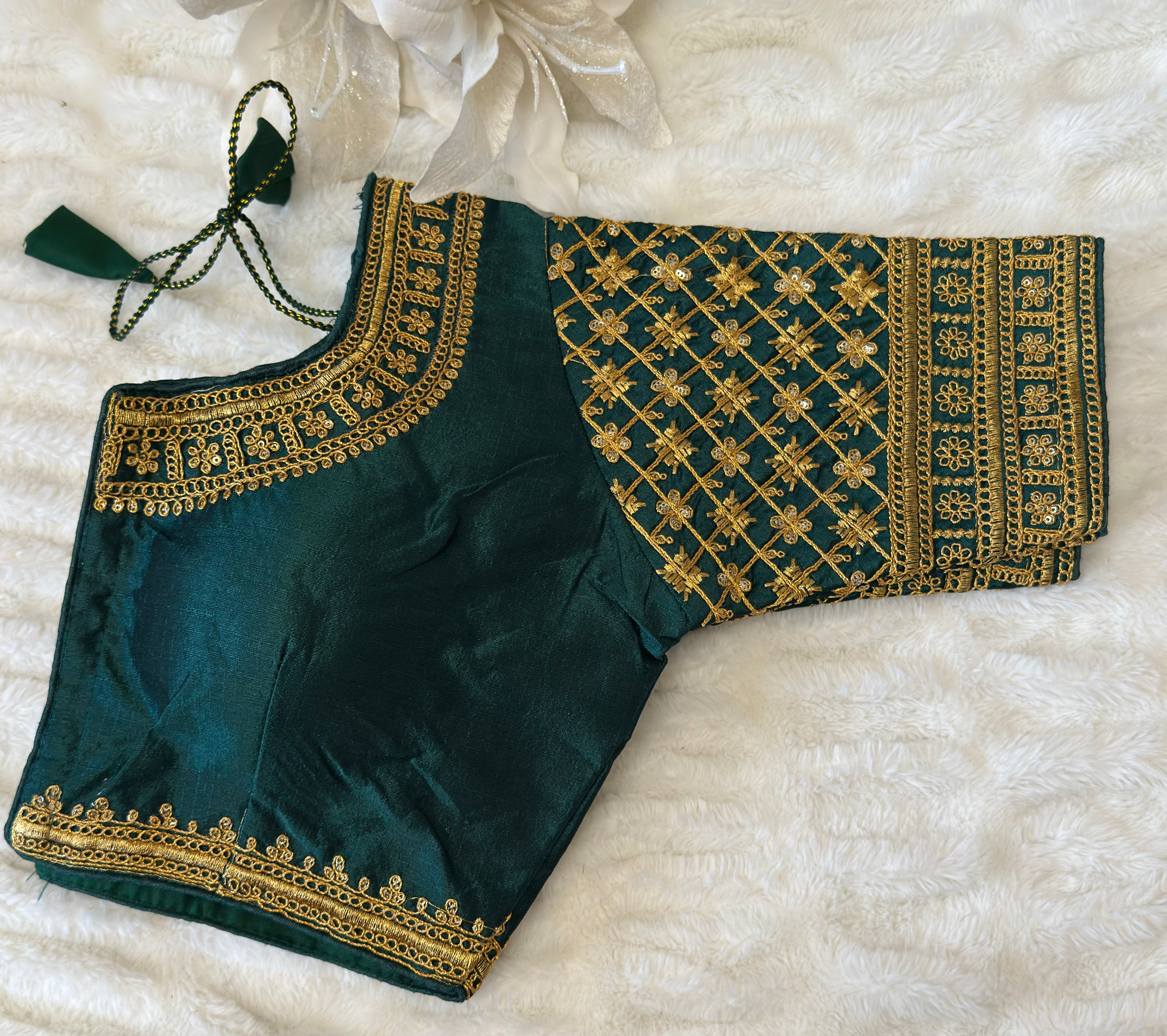 Green Silk Blouse with Sleeves & Gold Zari Embroidery | Designer Saree Blouse