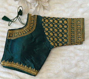 Green Silk Blouse with Sleeves & Gold Zari Embroidery | Designer Saree Blouse