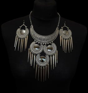 Black Metal Mirror Choker Necklace Set with Earrings – Statement Tribal Jewellery