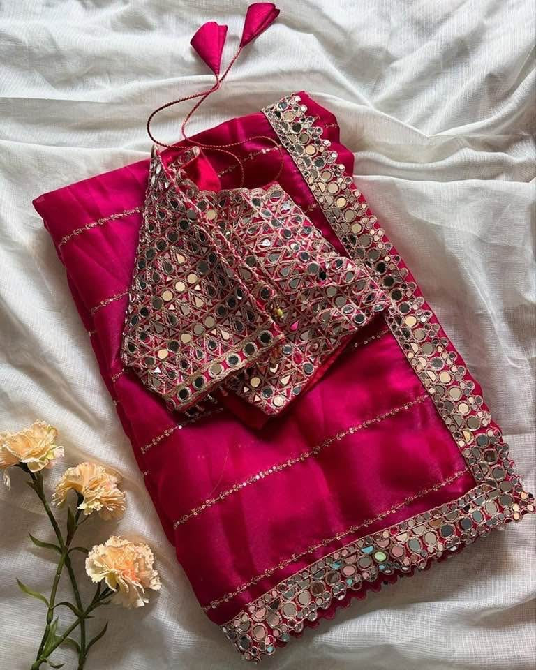 Designer  Mirror Work Saree with Heavy Embroidered Blouse | Party Wear & Wedding Saree
