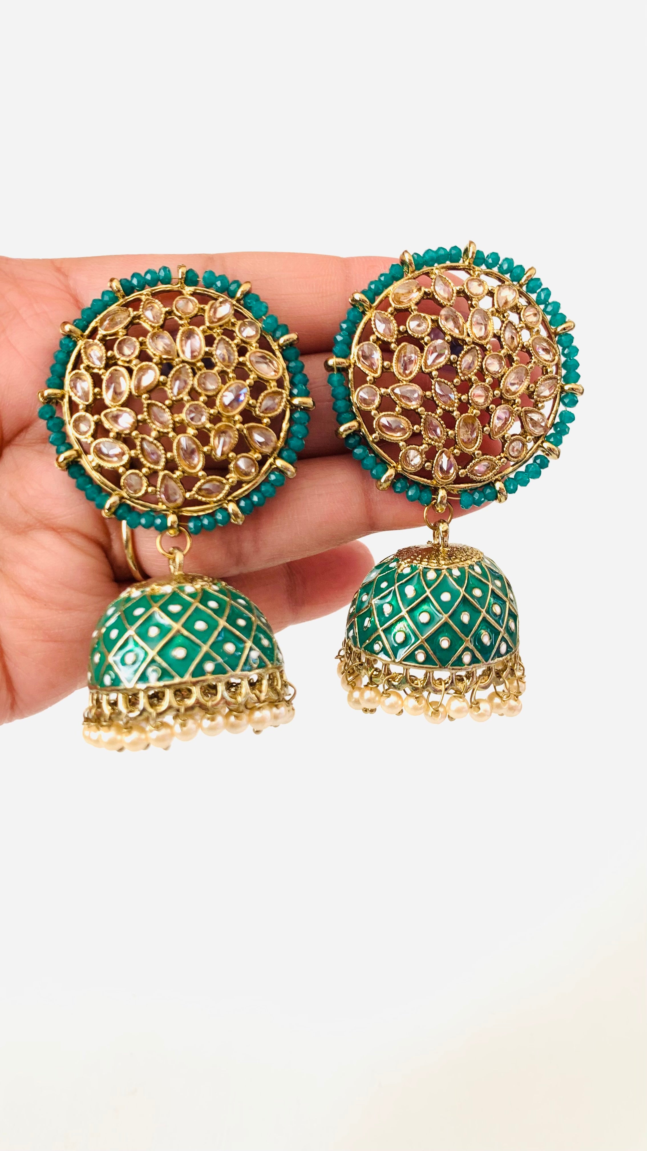 Green Polki Kundan Handpainted Meenakari Jhumka Earrings with Pearls | Traditional Ethnic Jewelry
