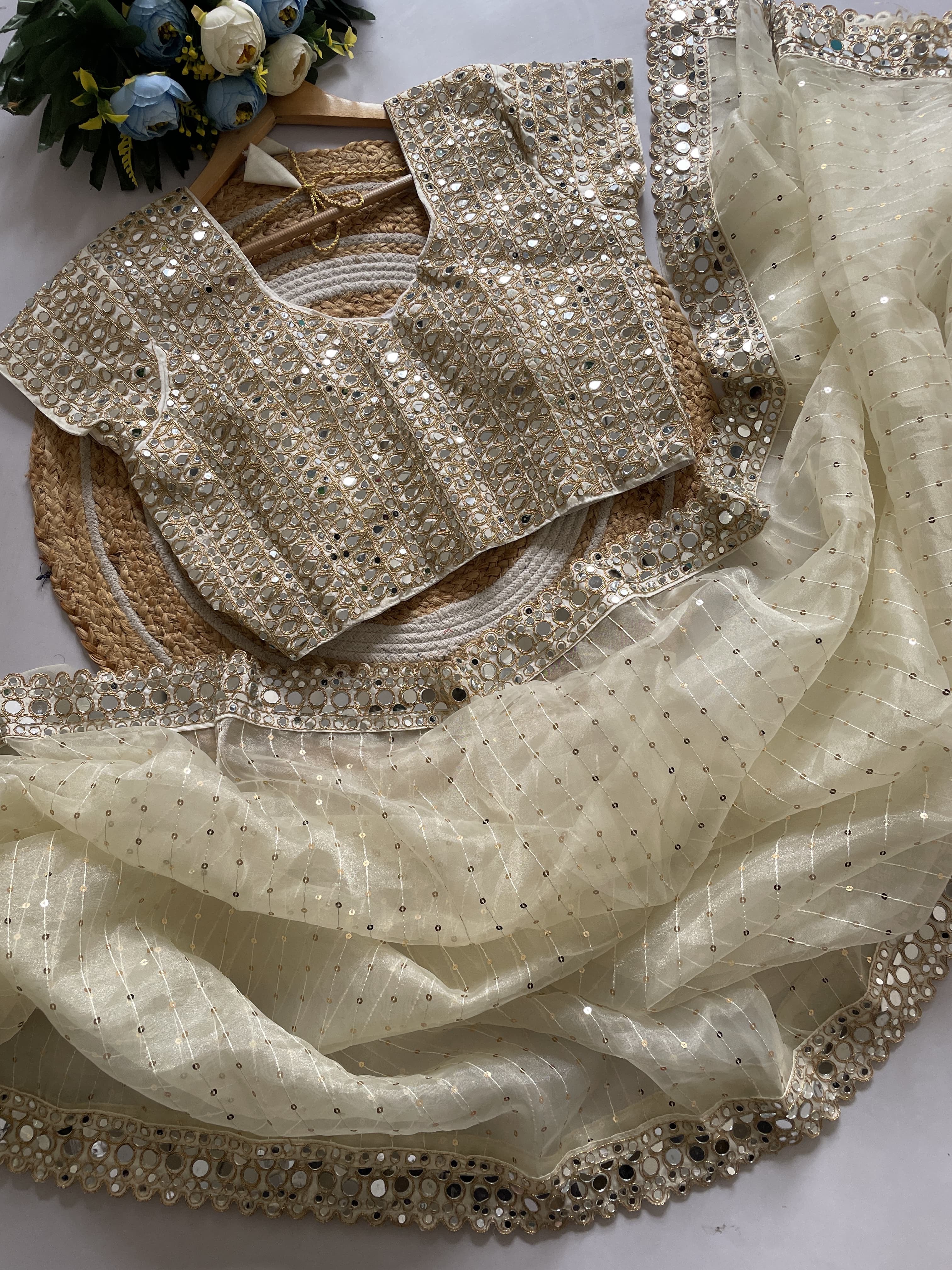 Organza Sequin & Real Mirror Saree with Ready Stitched Blouse | Party Wear Indian Saree | Designer Saree Set for Weddings & Festivals