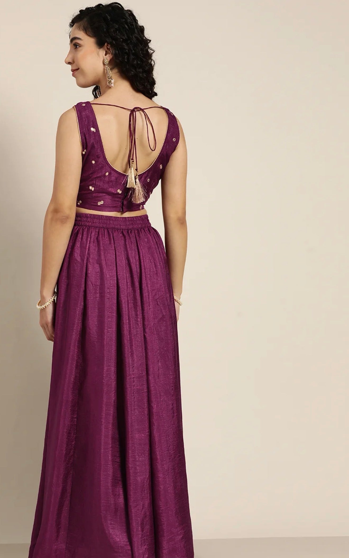 Elegant Plum Silk Party Wear Lehenga Set with Mirror Work Blouse