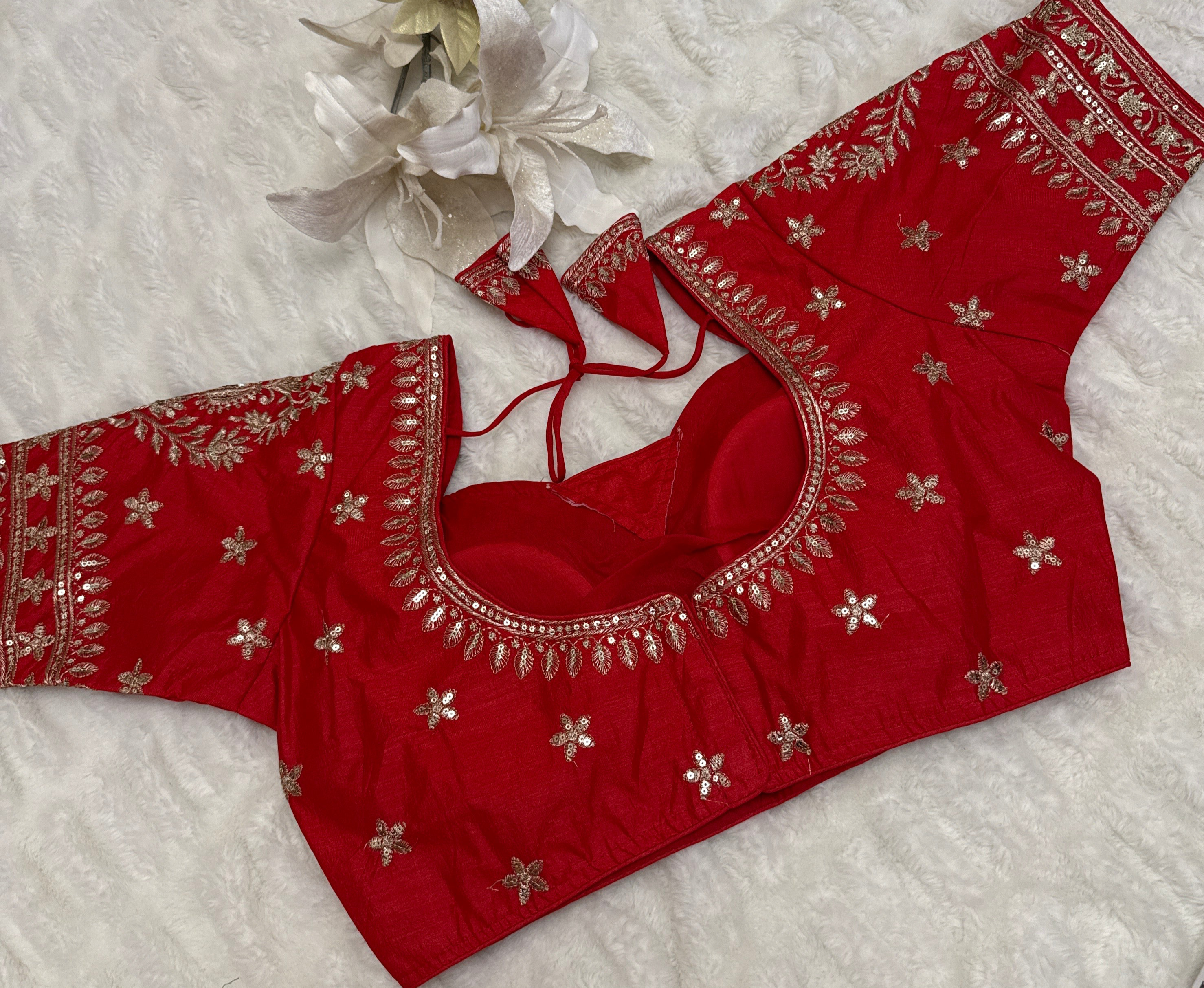 Red Silk Blouse with Gold Zari and sequins Embroidery – Ready to Wear