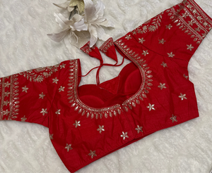 Red Silk Blouse with Gold Zari and sequins Embroidery – Ready to Wear