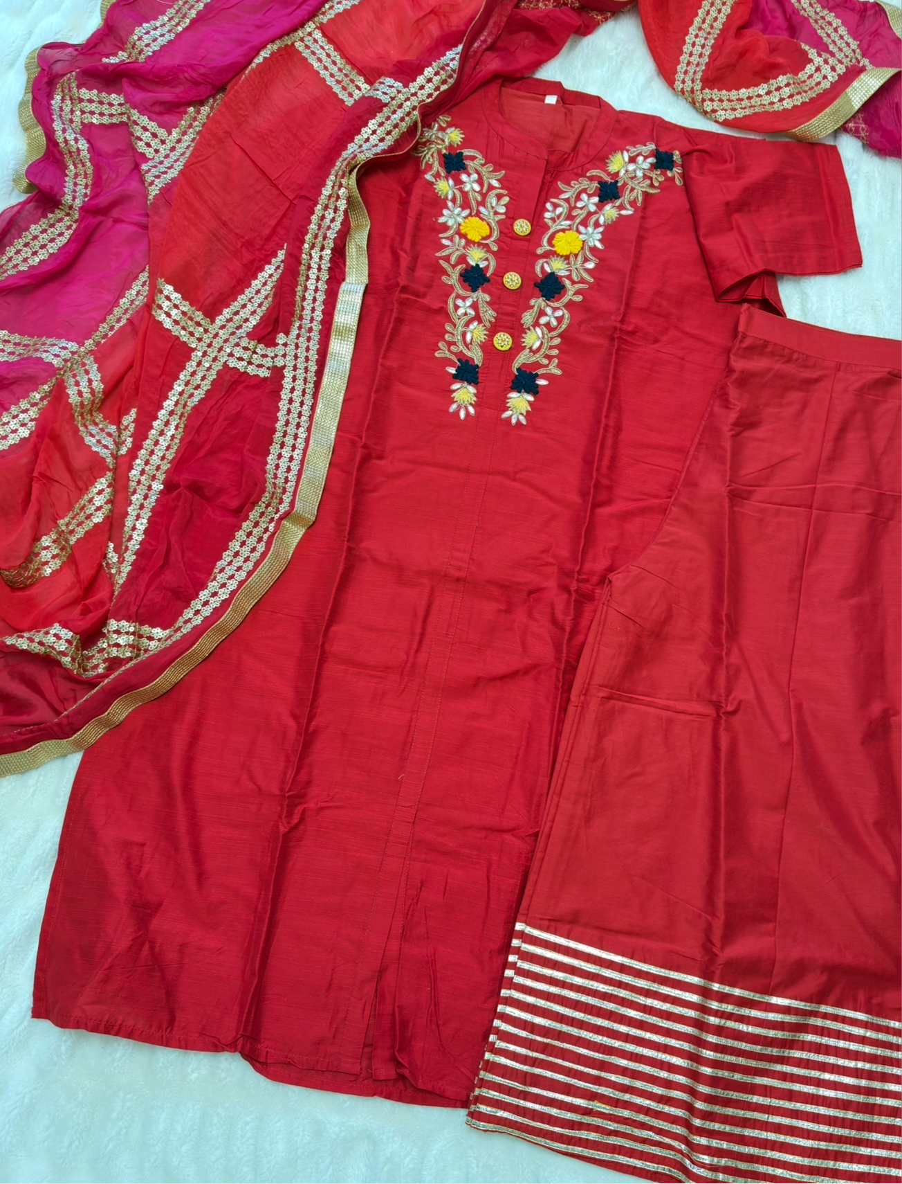 Elegant Plus Size Red Silk Kurta Set with Embroidered Neckline & Contrast Dupatta