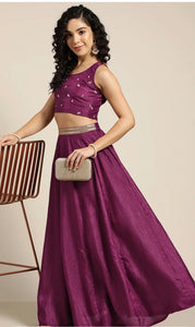 Elegant Plum Silk Party Wear Lehenga Set with Mirror Work Blouse