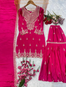 Designer Party Wear Top & Palazzo Set with Embroidered Dupatta (Pre Order)