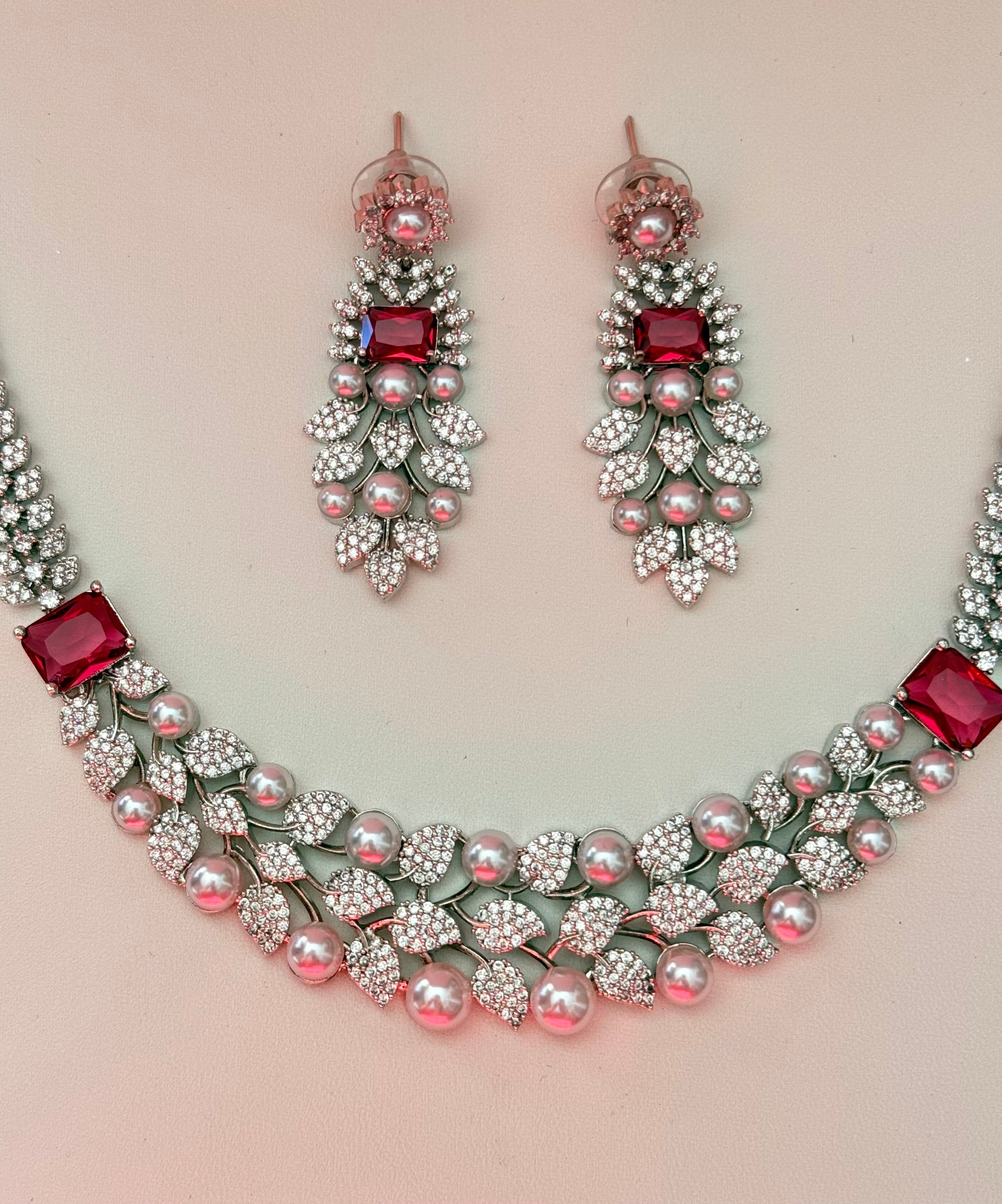 Silver and red / Ruby pearl Cubic zirconia necklace and earrings set