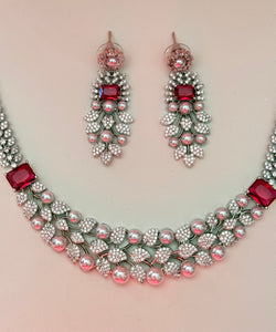 Silver and red / Ruby pearl Cubic zirconia necklace and earrings set