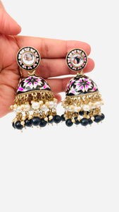 Black Kundan Pearl Handpainted Meenakari Jhumka Earrings | Traditional Ethnic Jewelry
