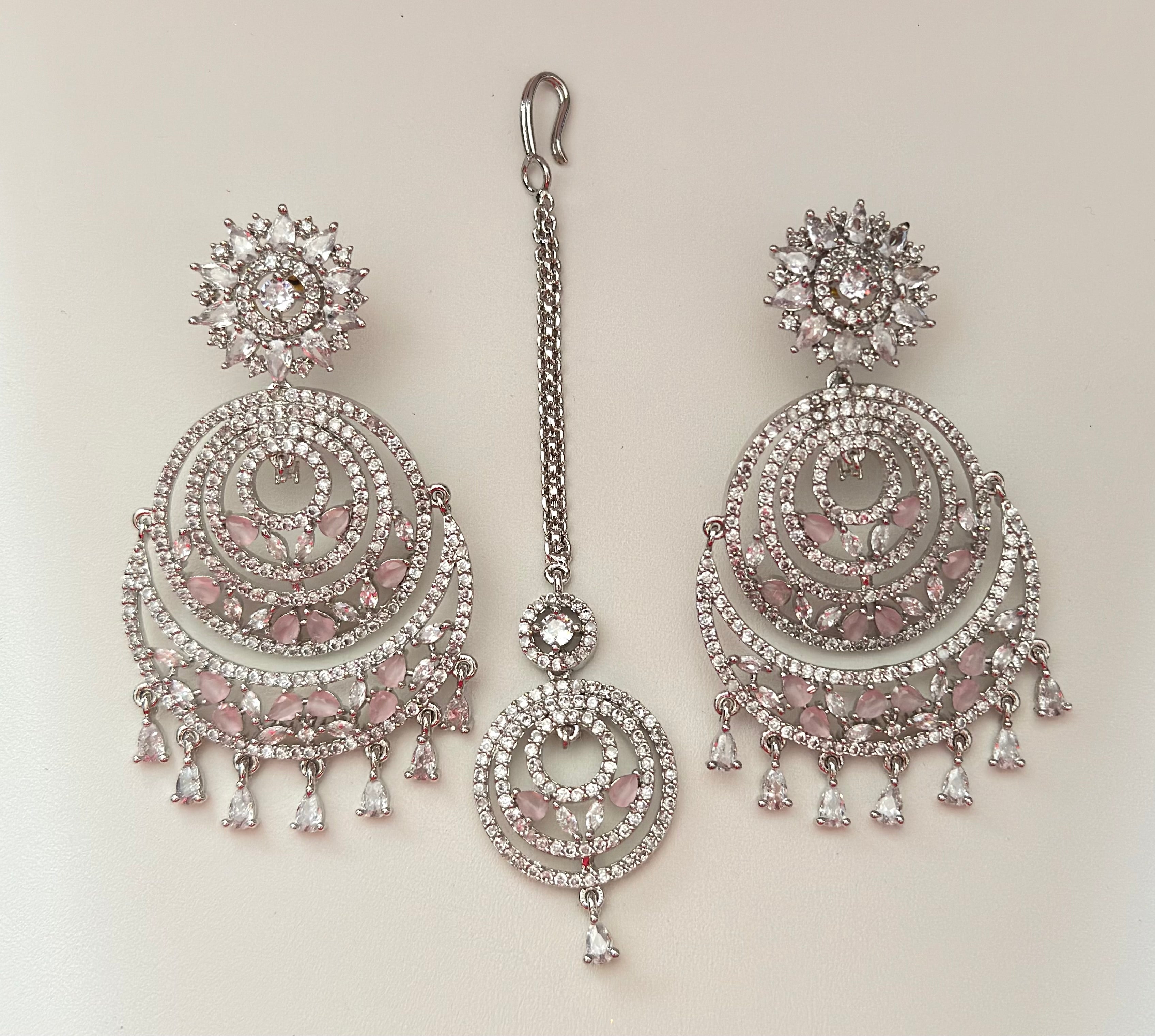 Cubic Zirconia Chandbali Earrings with Maang Tikka | Rose Gold Bridal Jewellery Set | Indian Wedding Earrings | Party Wear CZ Jewelry