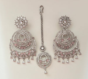 Cubic Zirconia Chandbali Earrings with Maang Tikka | Rose Gold Bridal Jewellery Set | Indian Wedding Earrings | Party Wear CZ Jewelry