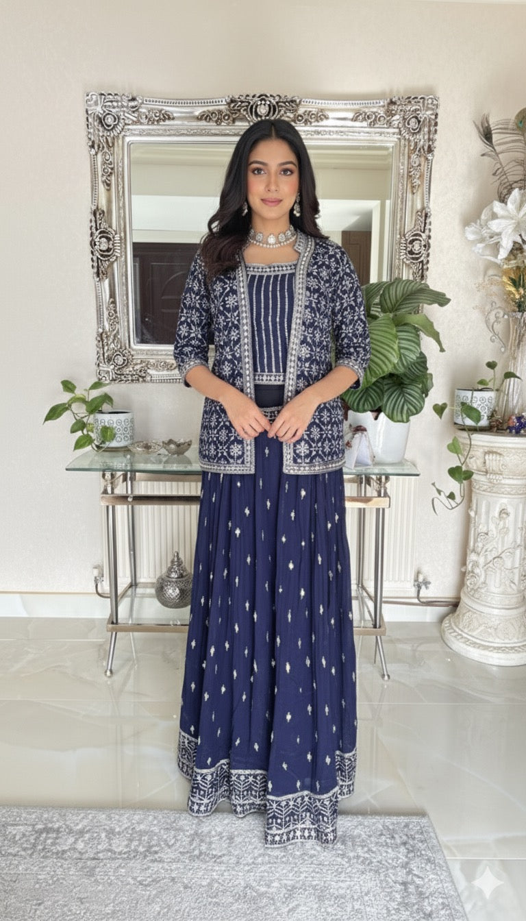 Navy Blue Georgette Embroidered Lehenga Set with Mirror and Thread Work Jacket – Festive & Wedding Wear