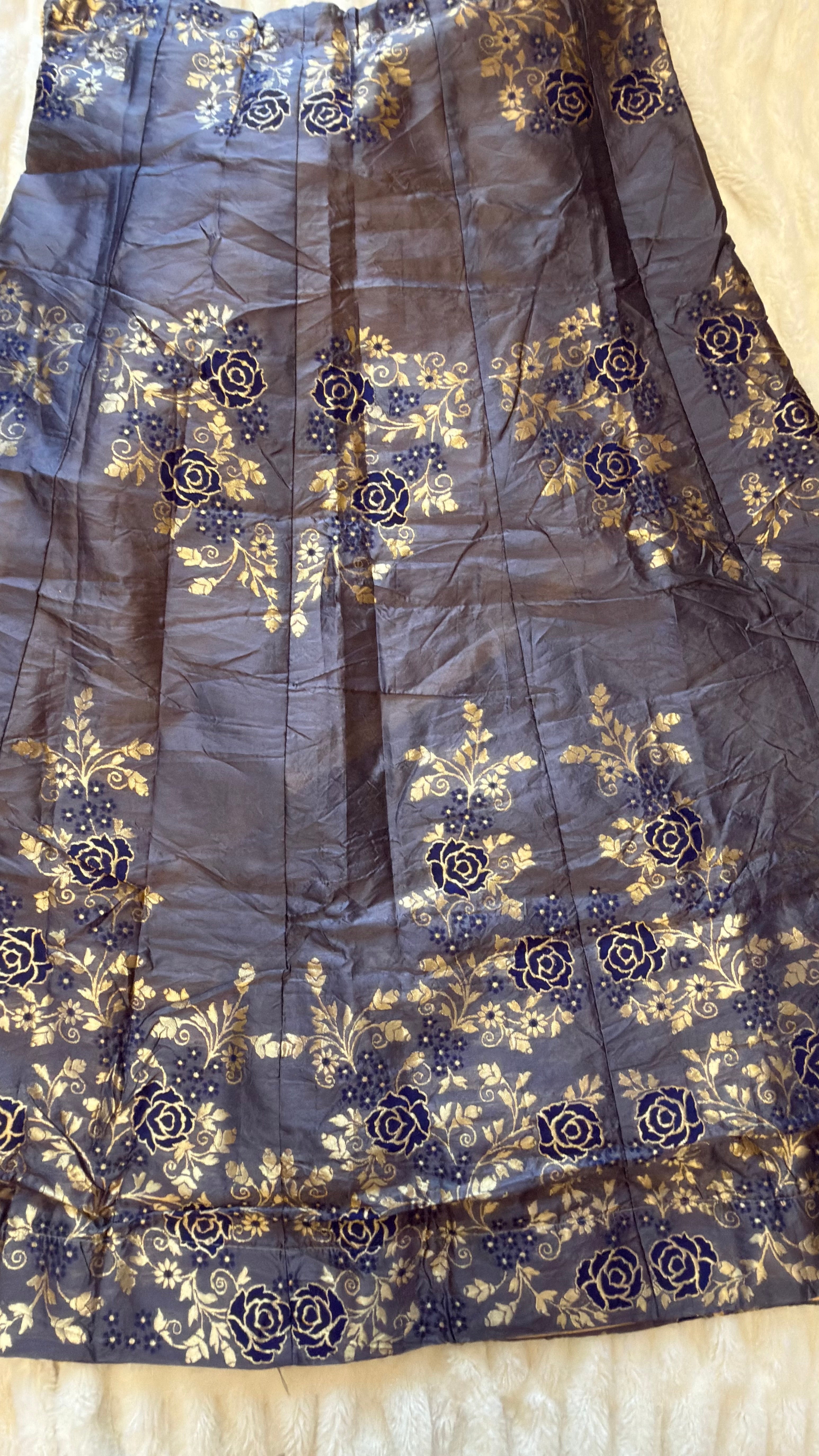 Elegant Banarasi Silk Skirt – Charcoal Gray with Golden Floral Zari Work